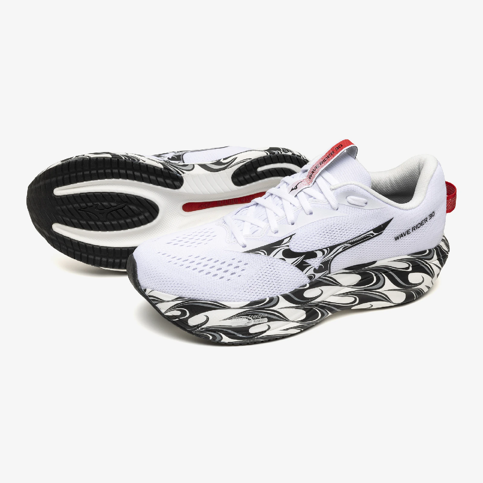 Mizuno Wave Rider 30: вид сбоку и на резиновую подошву. Белая пара с чёрным узором и красными деталями.