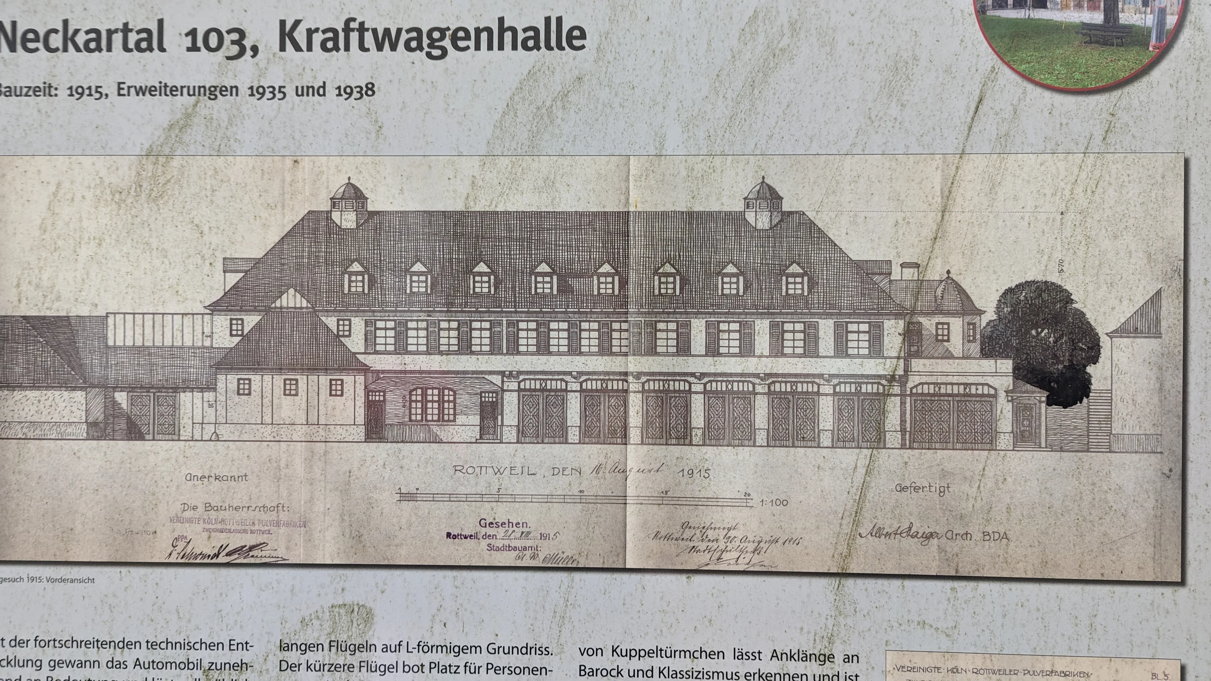 Сфотографированный исторический чертёж фасада под заголовком Neckartal 103, Kraftwagenhalle.